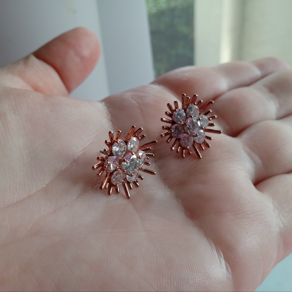 Rose Gold & Crystal Earrings Formal Fancy Gem Stud Flower
